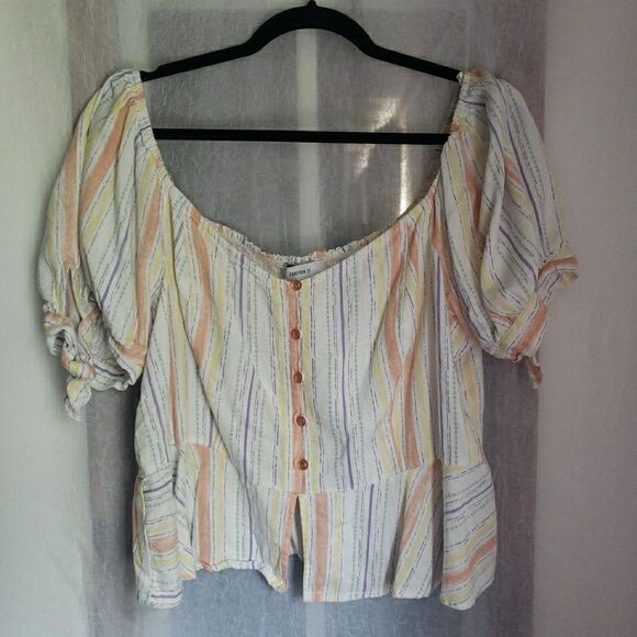 Forever 21+ White & Multi Color Striped Off The Shoulder Cropped Top Plus Sz 3X - Picture 1 of 8